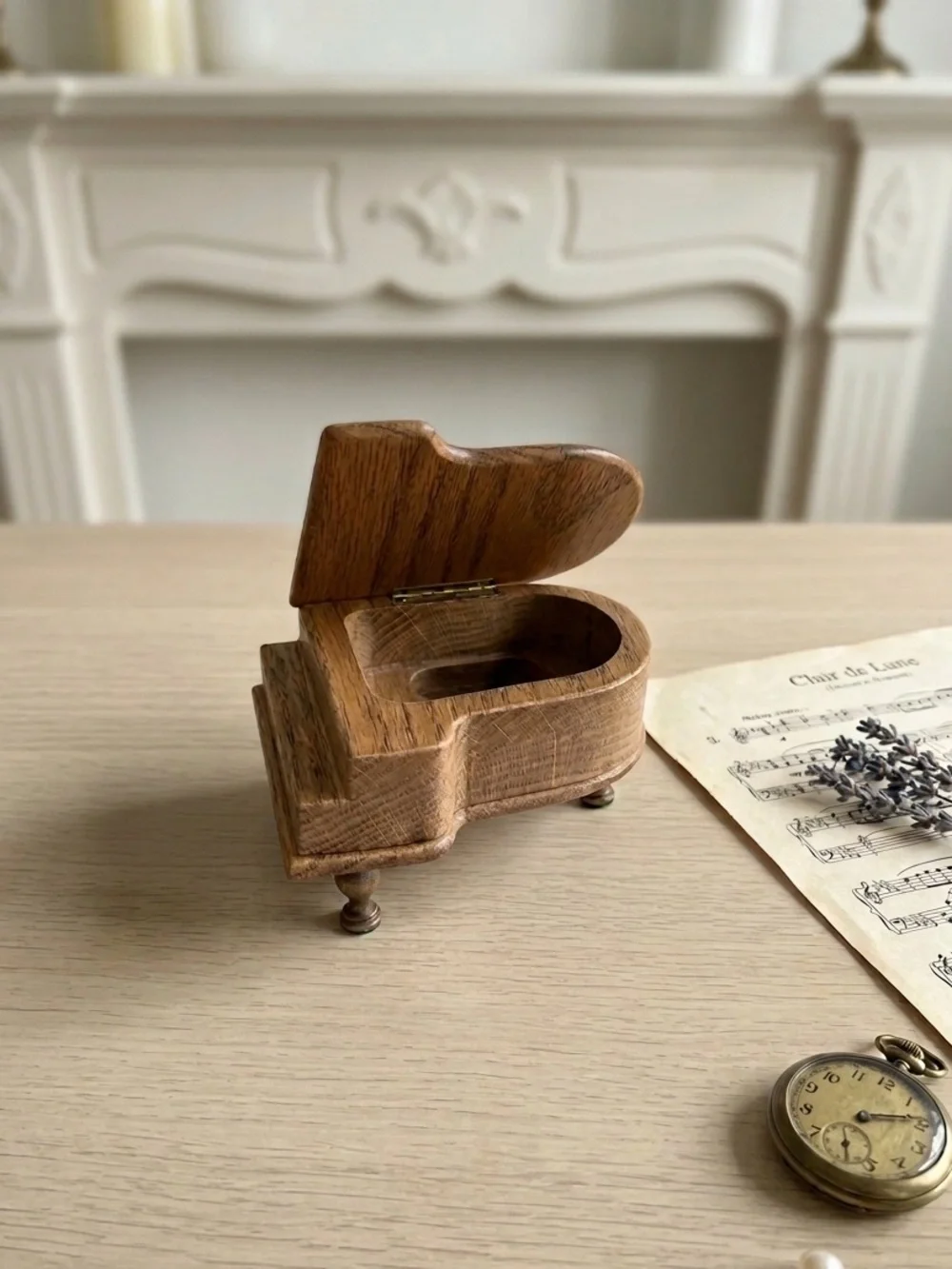 Hand Crafted Wooden Piano-Shaped Trinket Box in Natural Oak, Music Box, 3” Tall